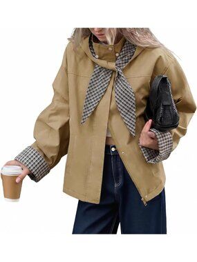 Women's Khaki Casual Fall Jacket With Plaid Detachable Hood Cropped Trench Coats